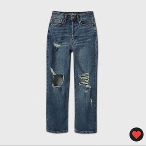 High-Rise Distressed Straight Jeans Medium Wash